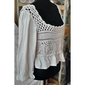 Boho Crocheted Blouse Peasant Cottagecore Puff Sleeve Ruffle Square Neckline XL